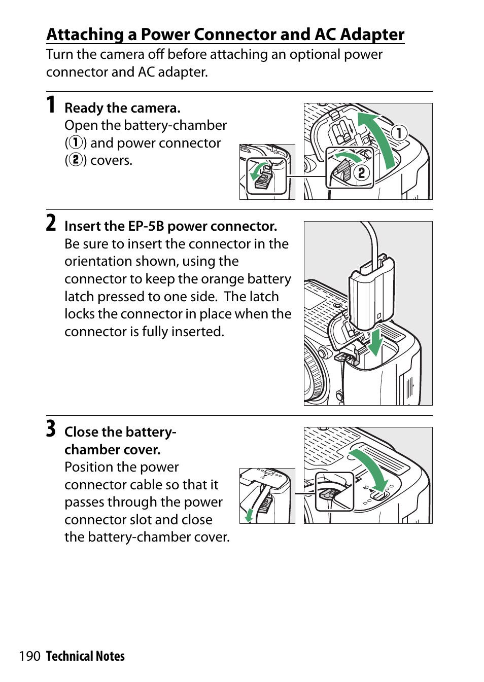 Attaching a power connector and ac adapter | Nikon D7200 body User Manual | Page 190 / 202