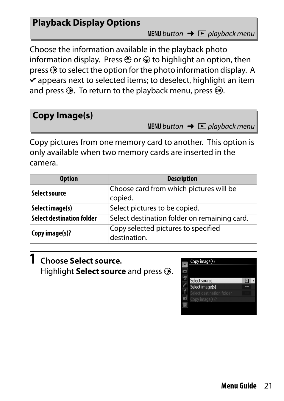 Playback display options, Copy image(s) | Nikon D7200 body User Manual | Page 21 / 202