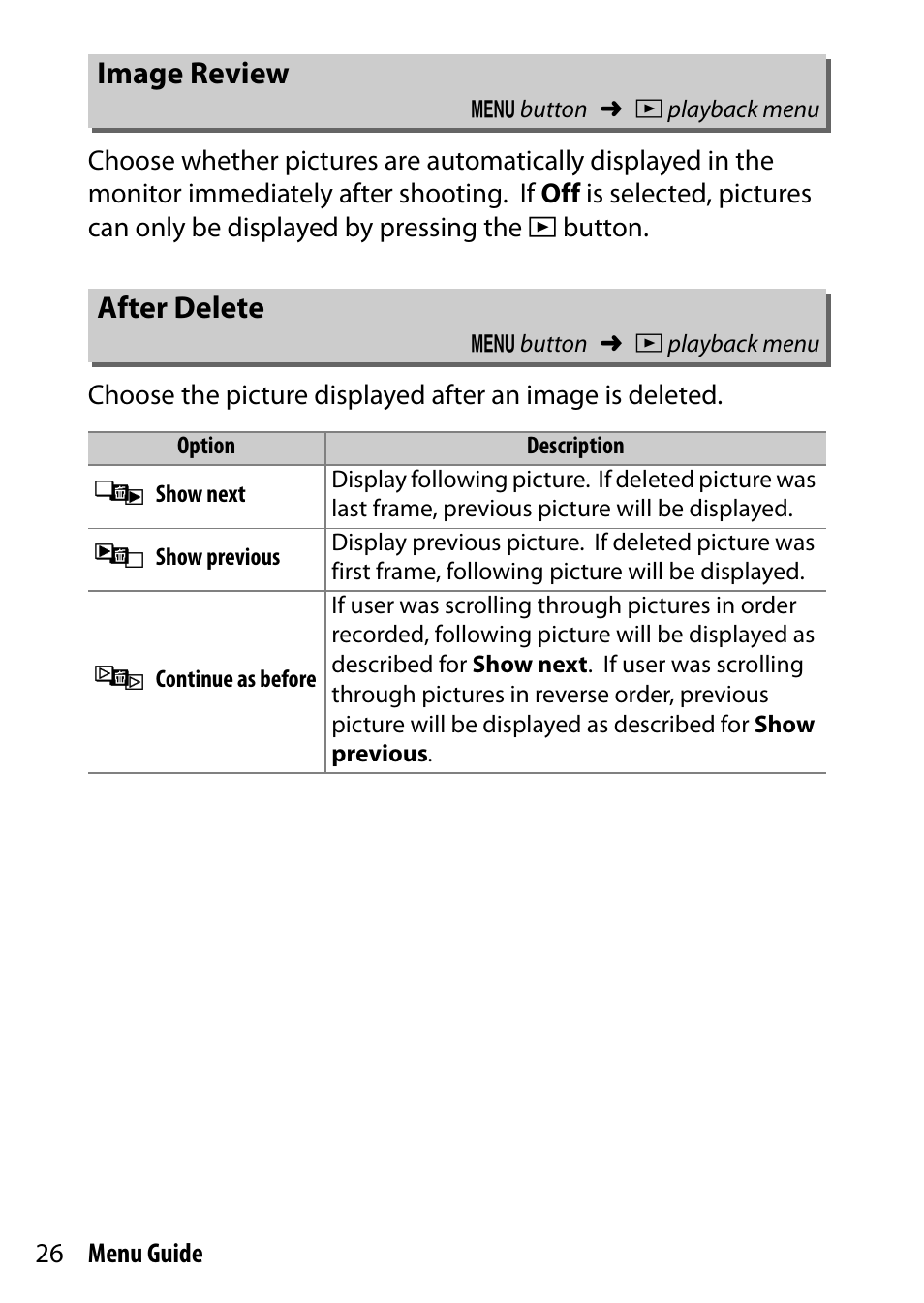 Image review, After delete | Nikon D7200 body User Manual | Page 26 / 202