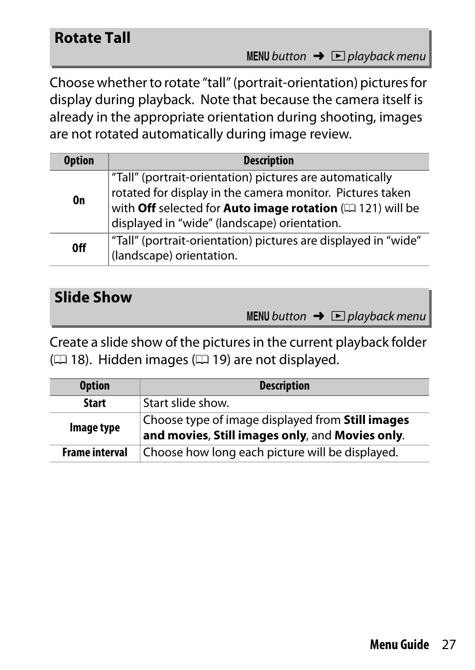 Rotate tall, Slide show | Nikon D7200 body User Manual | Page 27 / 202