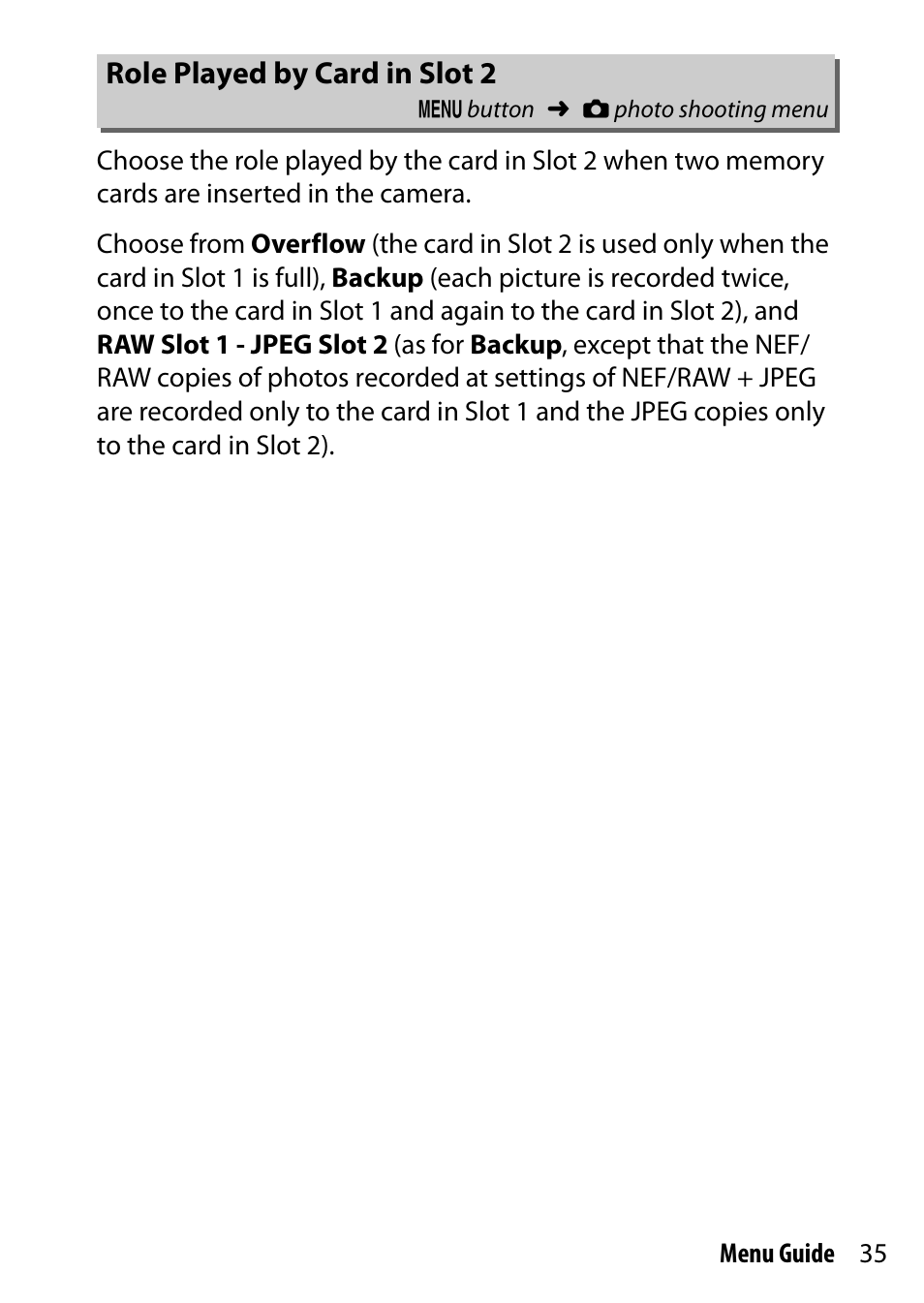 Role played by card in slot 2 | Nikon D7200 body User Manual | Page 35 / 202