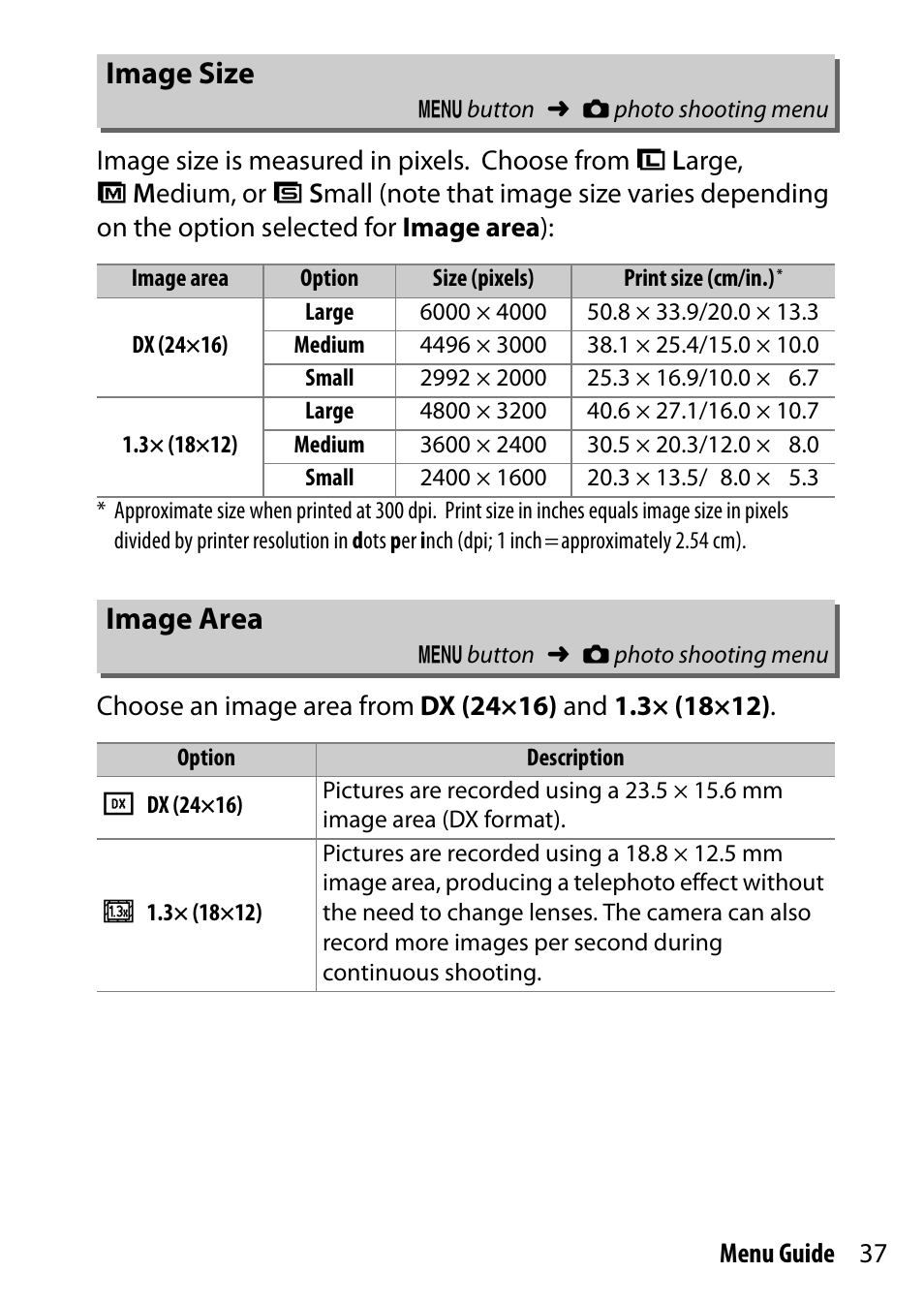 Image size, Image area | Nikon D7200 body User Manual | Page 37 / 202