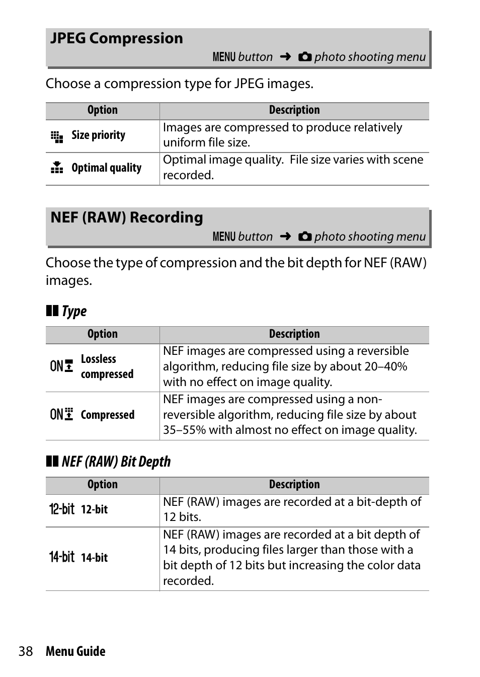Jpeg compression, Nef (raw) recording, Type ❚❚ nef (raw) bit depth jpeg compression | Nikon D7200 body User Manual | Page 38 / 202
