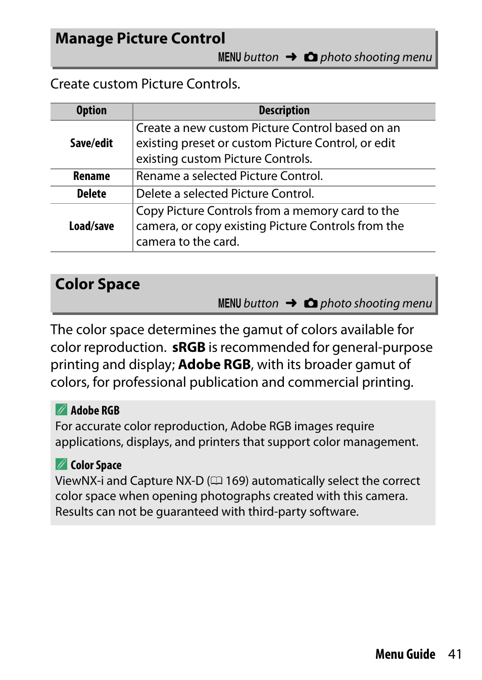 Manage picture control, Color space | Nikon D7200 body User Manual | Page 41 / 202