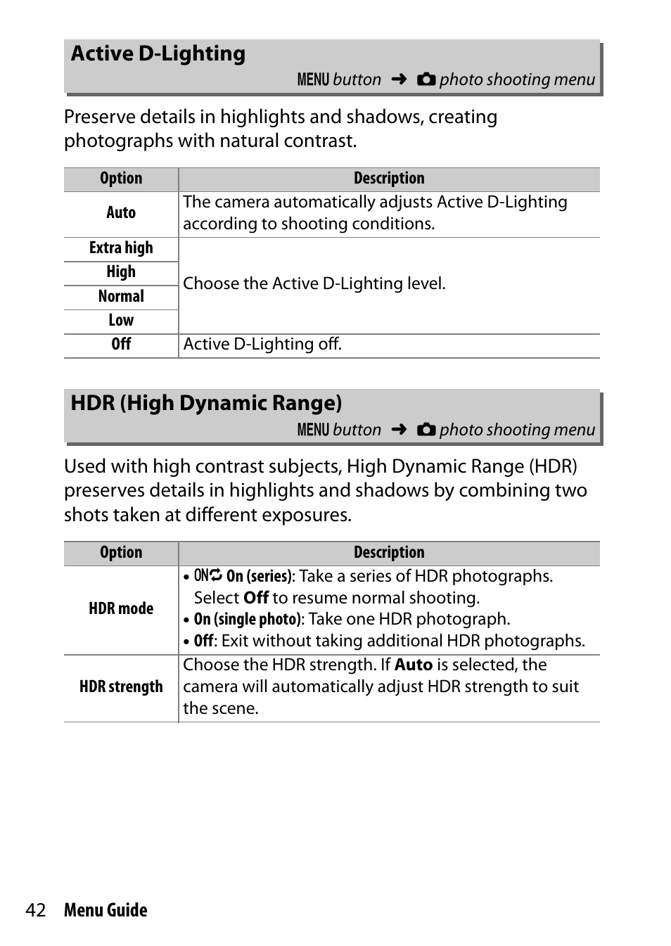 Active d-lighting, Hdr (high dynamic range) | Nikon D7200 body User Manual | Page 42 / 202