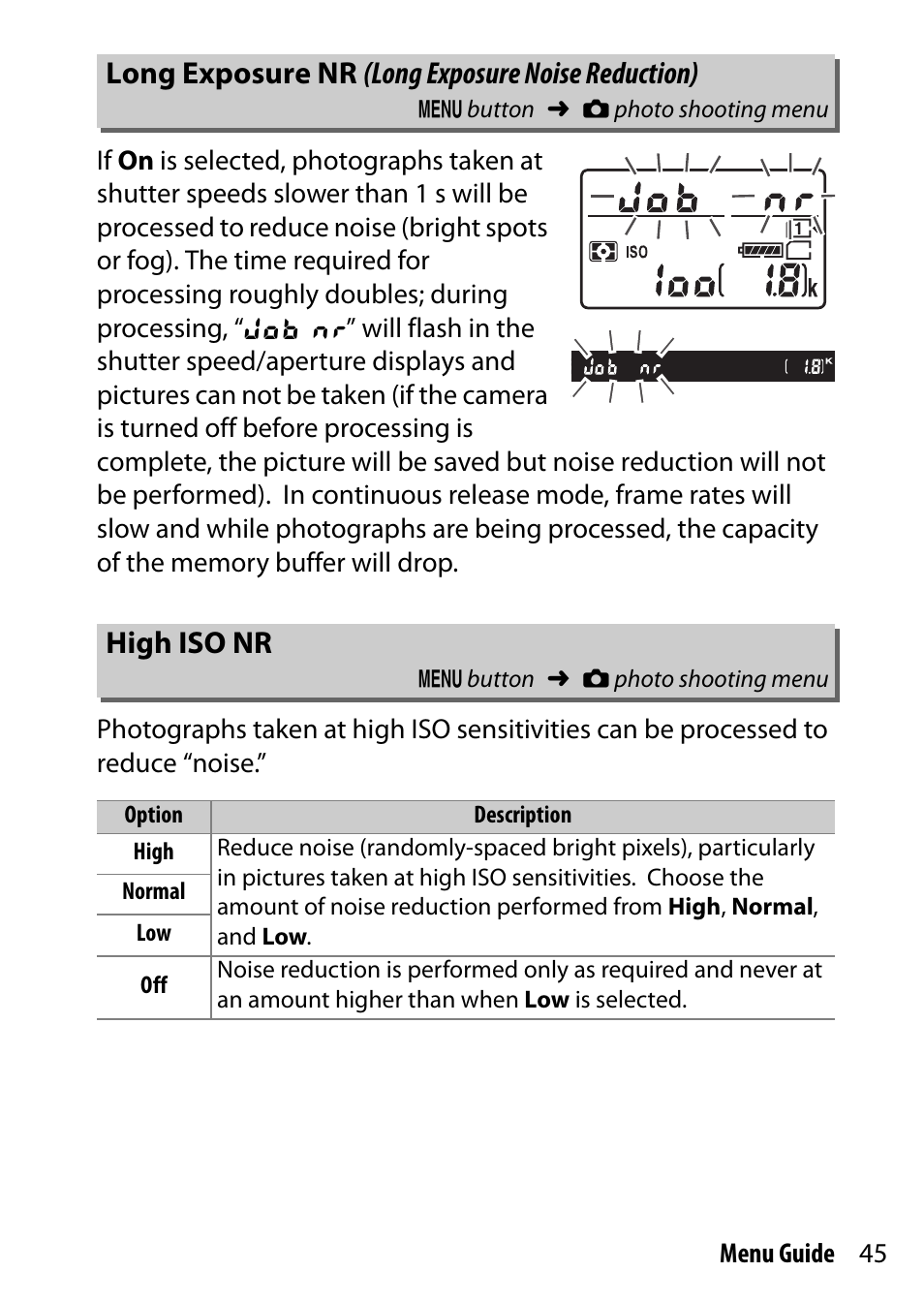 Long exposure nr (long exposure noise reduction), High iso nr | Nikon D7200 body User Manual | Page 45 / 202