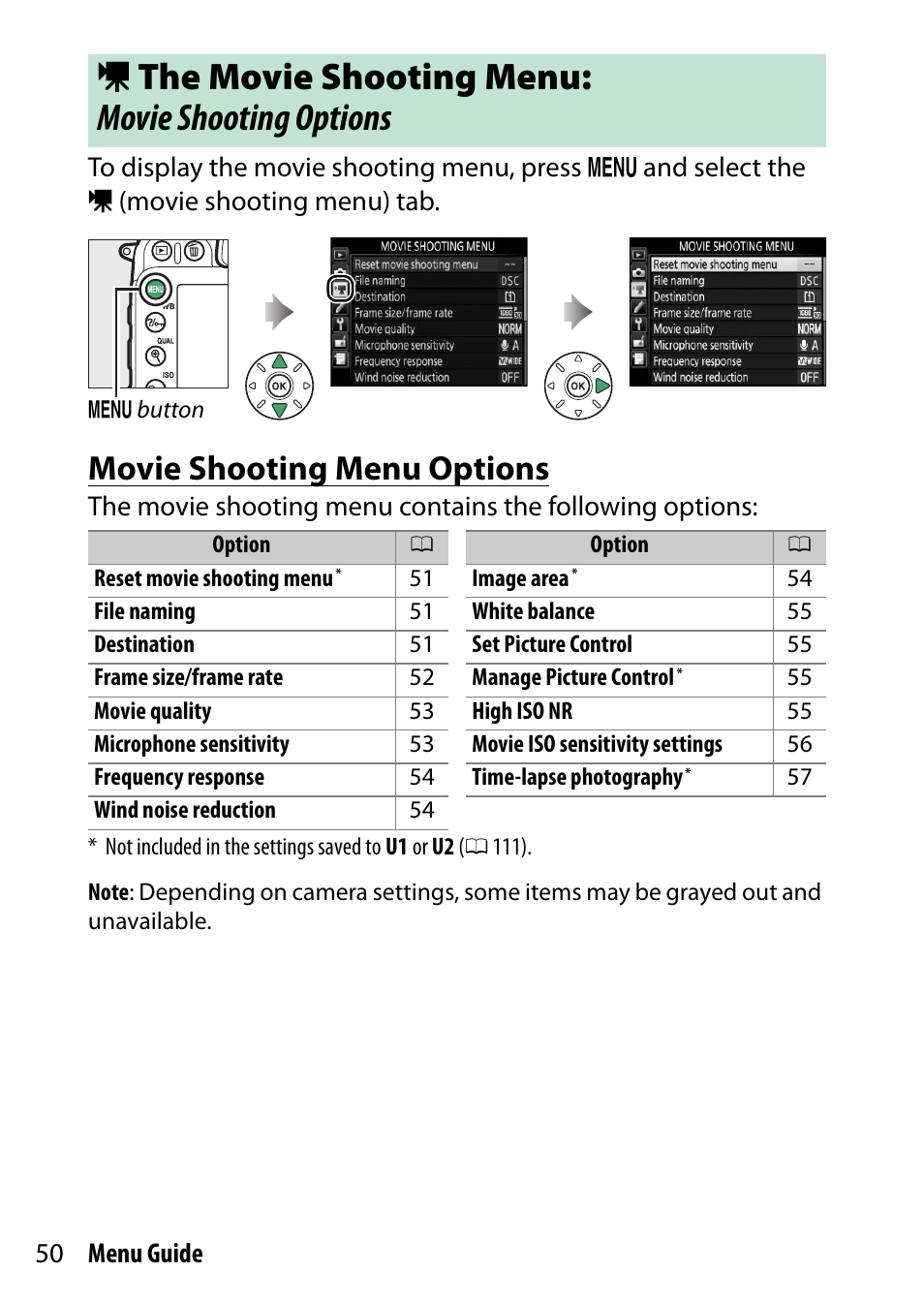 The movie shooting menu: movie shooting options, Movie shooting menu options, 1 the movie shooting menu: movie shooting options | Nikon D7200 body User Manual | Page 50 / 202