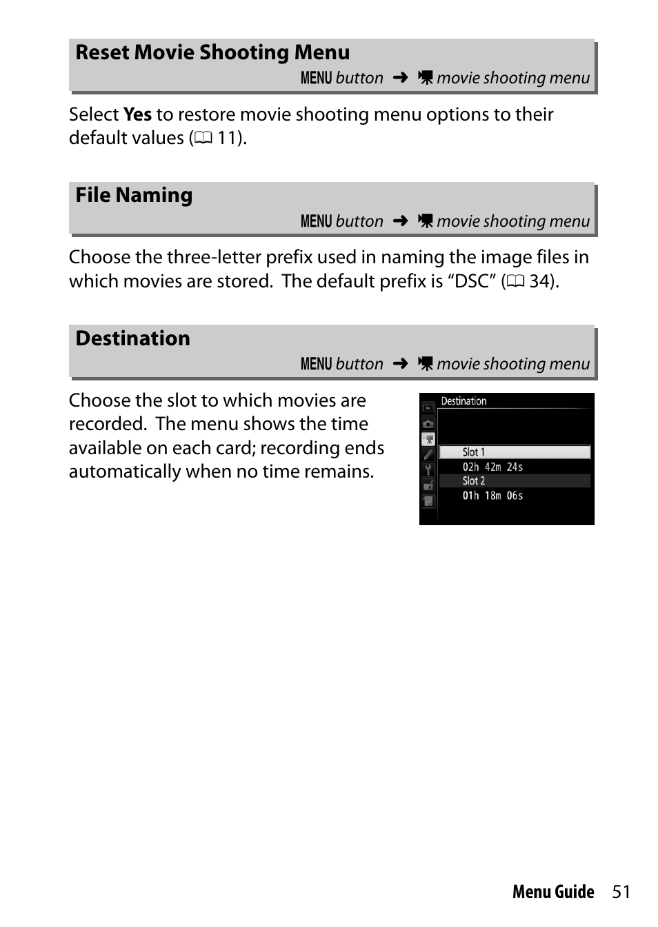 Reset movie shooting menu, File naming, Destination | Nikon D7200 body User Manual | Page 51 / 202