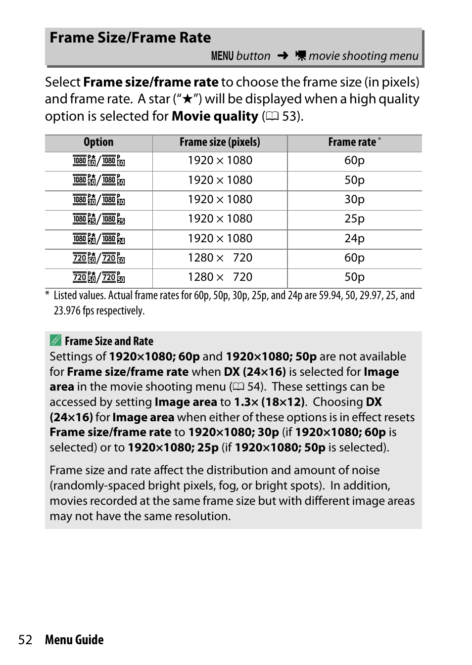 Frame size/frame rate | Nikon D7200 body User Manual | Page 52 / 202