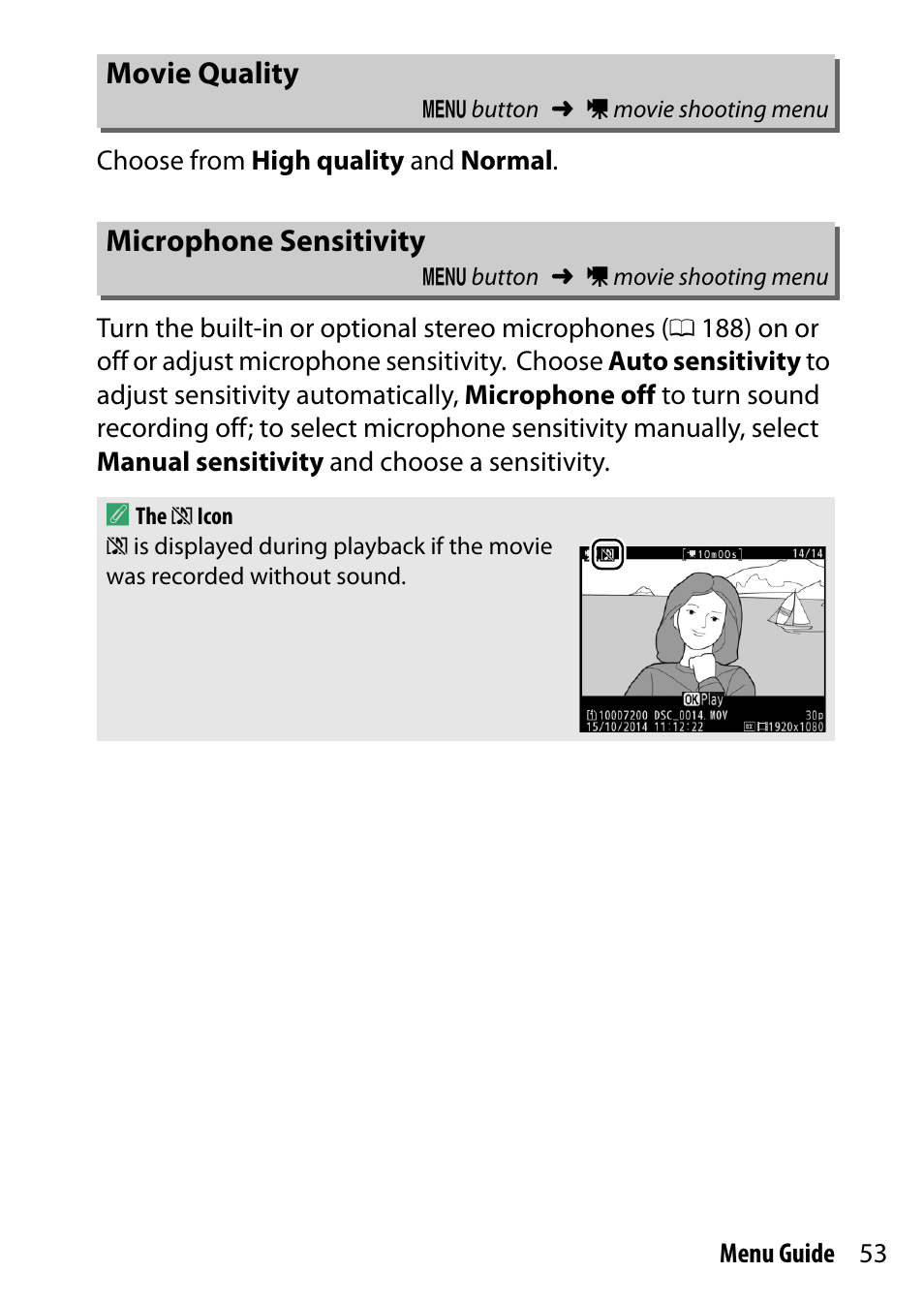 Movie quality, Microphone sensitivity | Nikon D7200 body User Manual | Page 53 / 202
