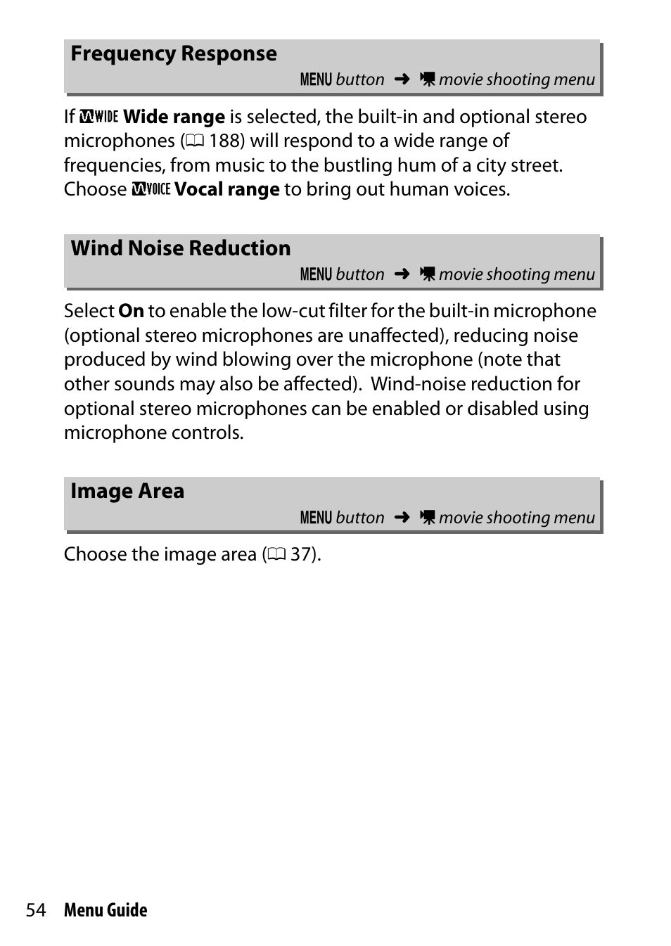 Frequency response, Wind noise reduction, Image area | Nikon D7200 body User Manual | Page 54 / 202
