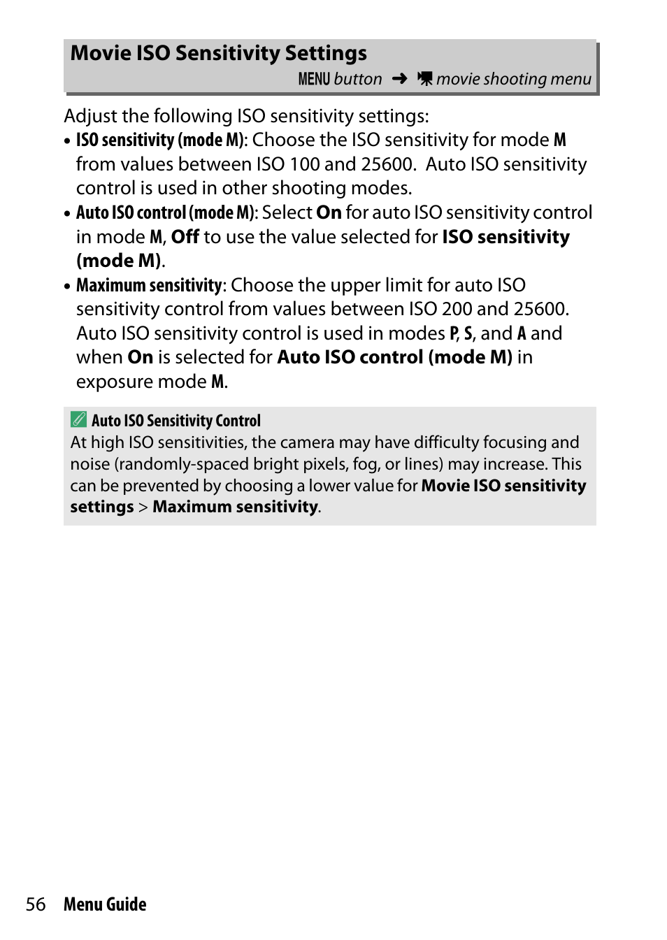 Movie iso sensitivity settings | Nikon D7200 body User Manual | Page 56 / 202