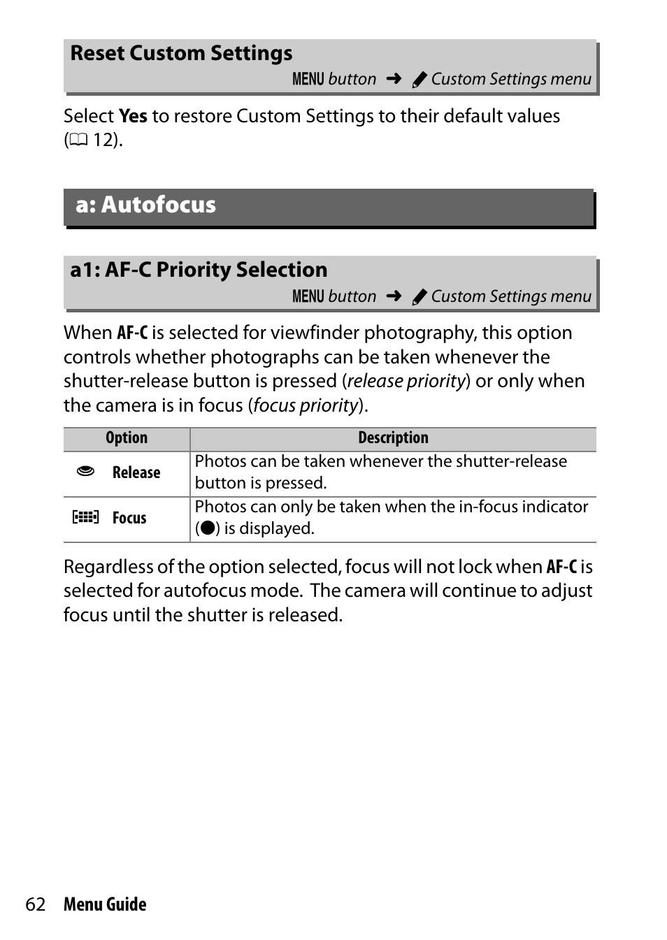 Reset custom settings, A: autofocus, A1: af-c priority selection | Nikon D7200 body User Manual | Page 62 / 202