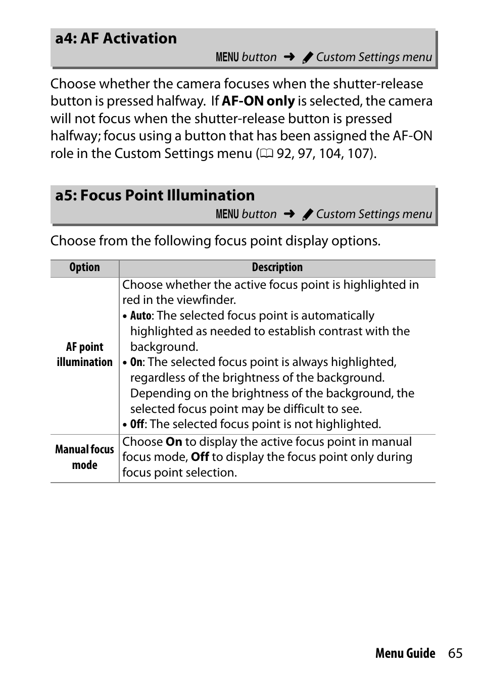 A4: af activation, A5: focus point illumination | Nikon D7200 body User Manual | Page 65 / 202