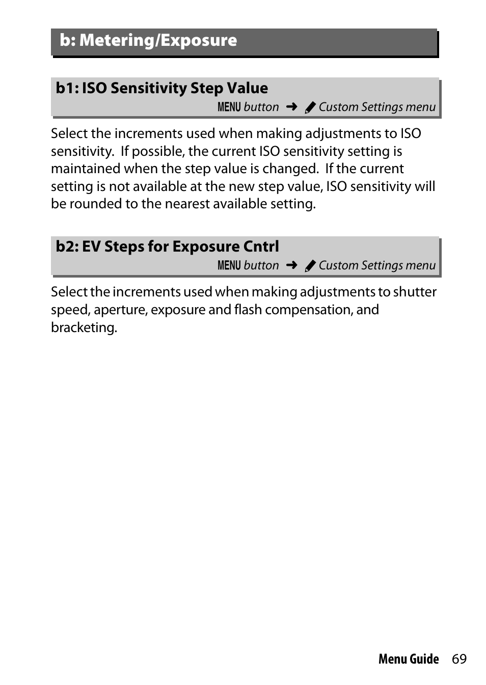 B: metering/exposure, B1: iso sensitivity step value, B2: ev steps for exposure cntrl | Cntrl | Nikon D7200 body User Manual | Page 69 / 202