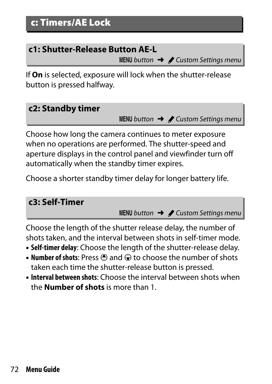 C: timers/ae lock, C1: shutter-release button ae-l, C2: standby timer | C3: self-timer | Nikon D7200 body User Manual | Page 72 / 202