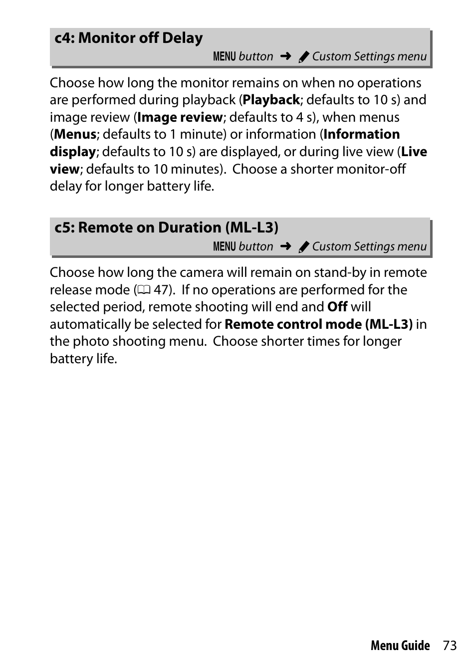 C4: monitor off delay, C5: remote on duration (ml-l3) | Nikon D7200 body User Manual | Page 73 / 202