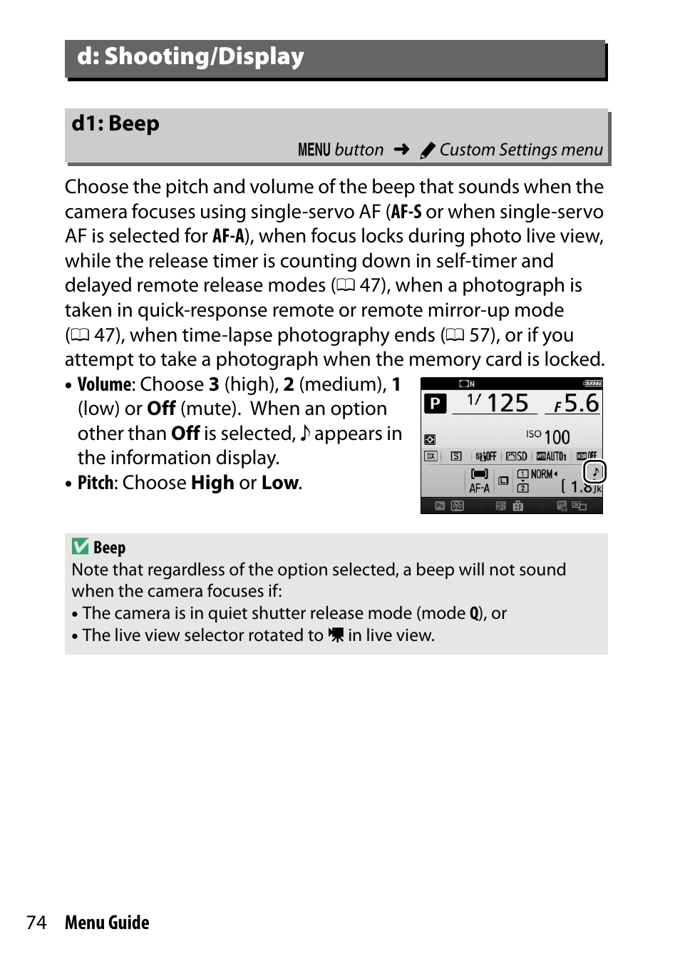D: shooting/display, D1: beep | Nikon D7200 body User Manual | Page 74 / 202