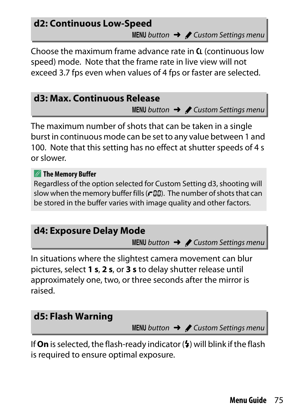 D2: continuous low-speed, D3: max. continuous release, D4: exposure delay mode | D5: flash warning, Ontinuous release, Delay mode | Nikon D7200 body User Manual | Page 75 / 202