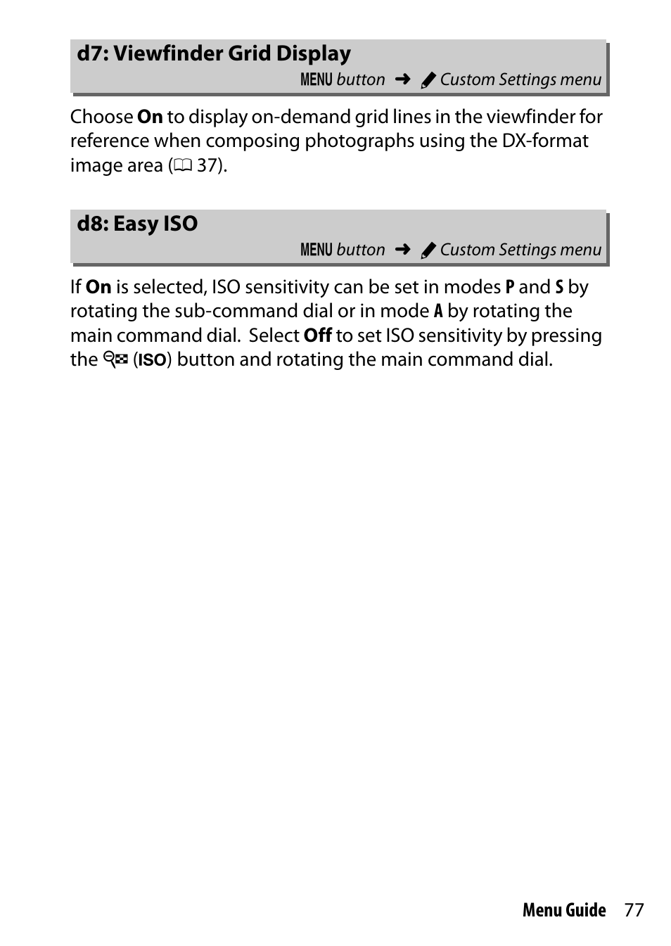 D7: viewfinder grid display, D8: easy iso, Easy iso | Nikon D7200 body User Manual | Page 77 / 202