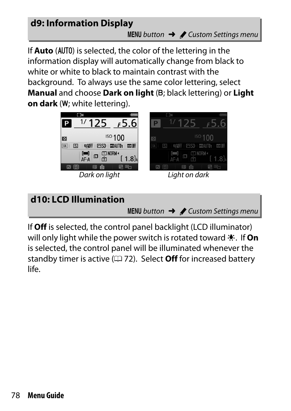 D9: information display, D10: lcd illumination | Nikon D7200 body User Manual | Page 78 / 202