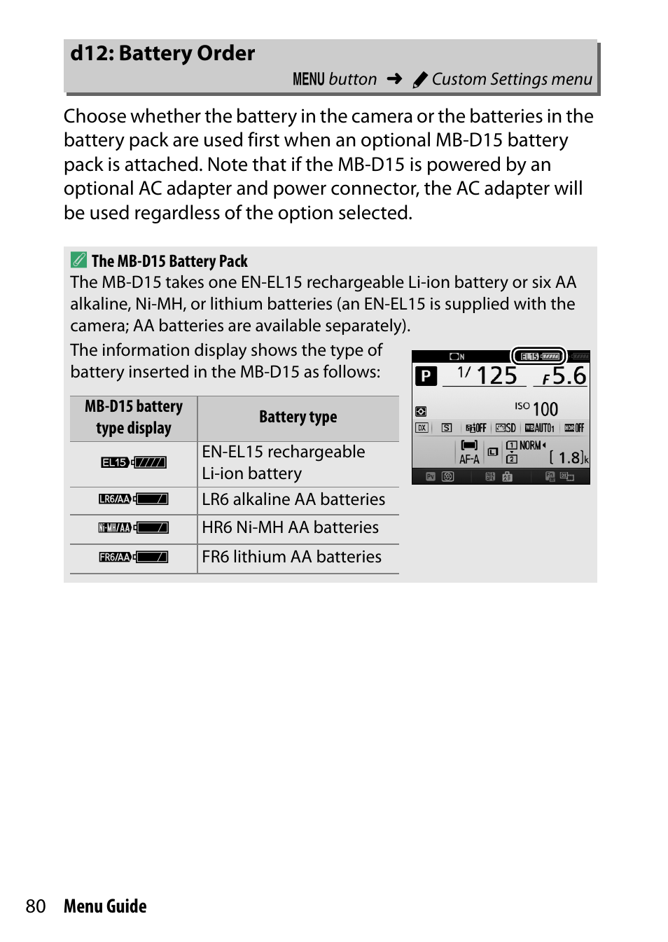 D12: battery order | Nikon D7200 body User Manual | Page 80 / 202