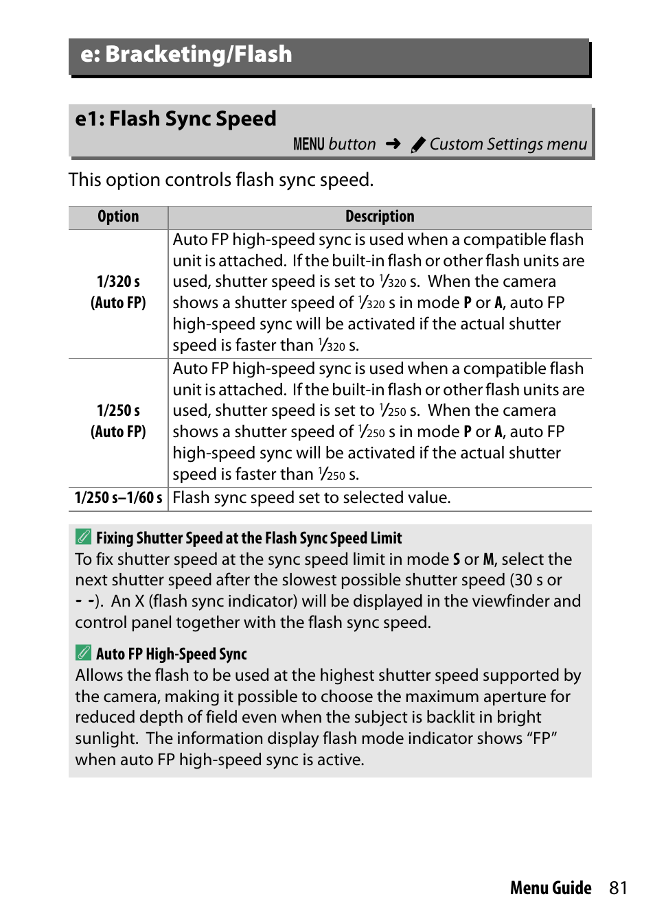 E: bracketing/flash, E1: flash sync speed | Nikon D7200 body User Manual | Page 81 / 202
