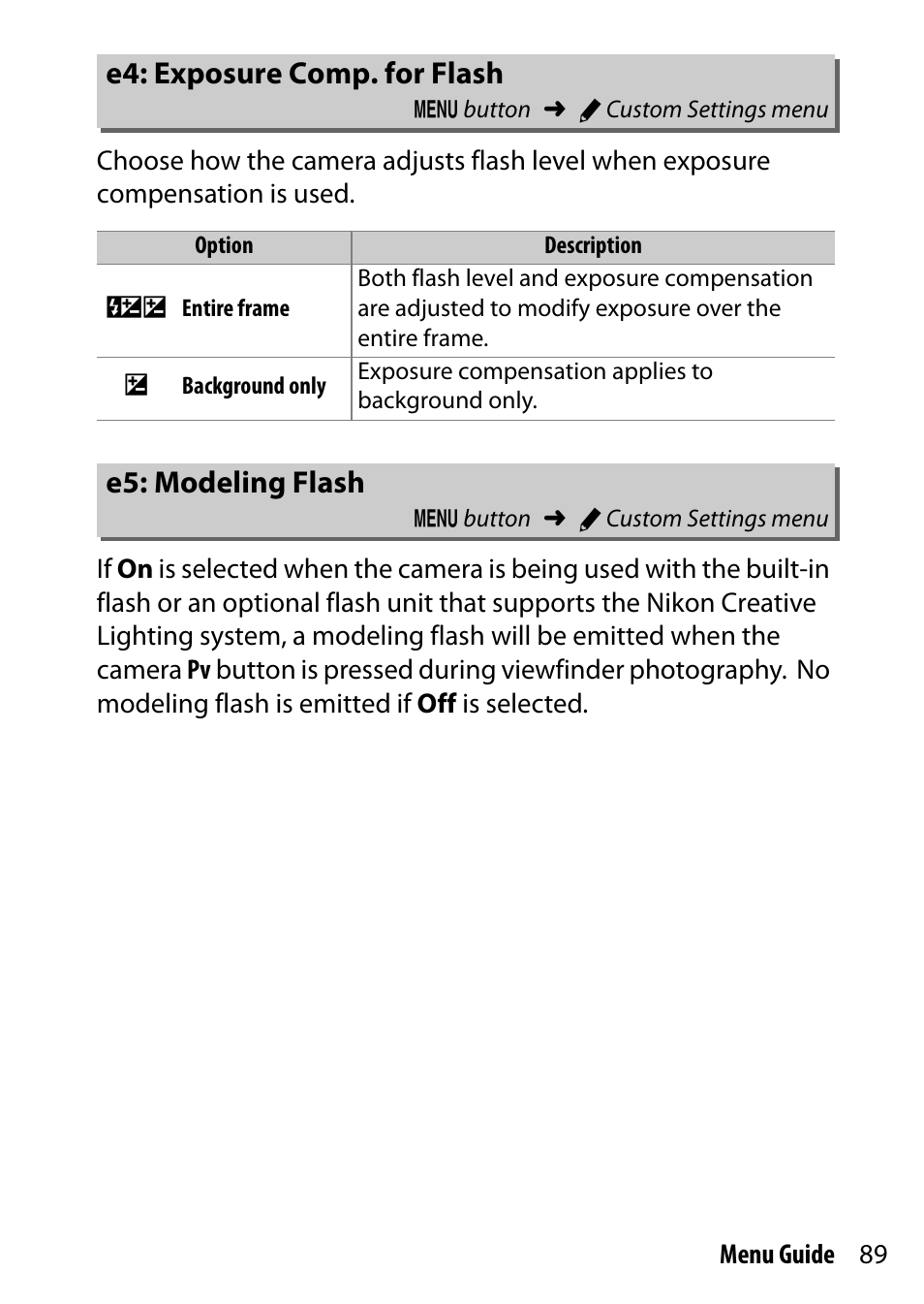 E4: exposure comp. for flash, E5: modeling flash | Nikon D7200 body User Manual | Page 89 / 202