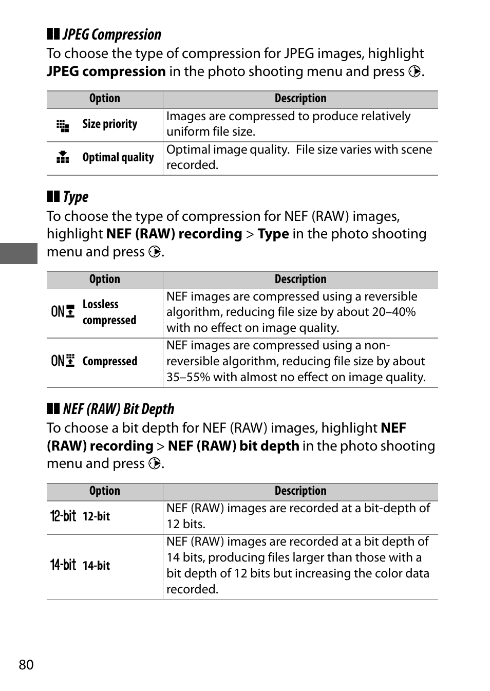 Depth, 0 80). t, Jpeg compression | Type, Nef (raw) bit depth | Nikon D7200 body User Manual | Page 104 / 420