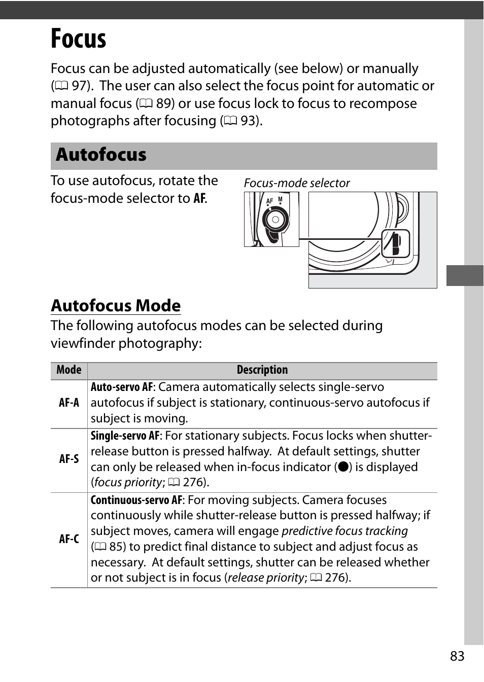 Focus, Autofocus, Autofocus mode | Nikon D7200 body User Manual | Page 107 / 420