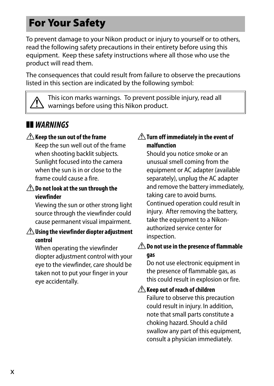 For your safety | Nikon D7200 body User Manual | Page 12 / 420