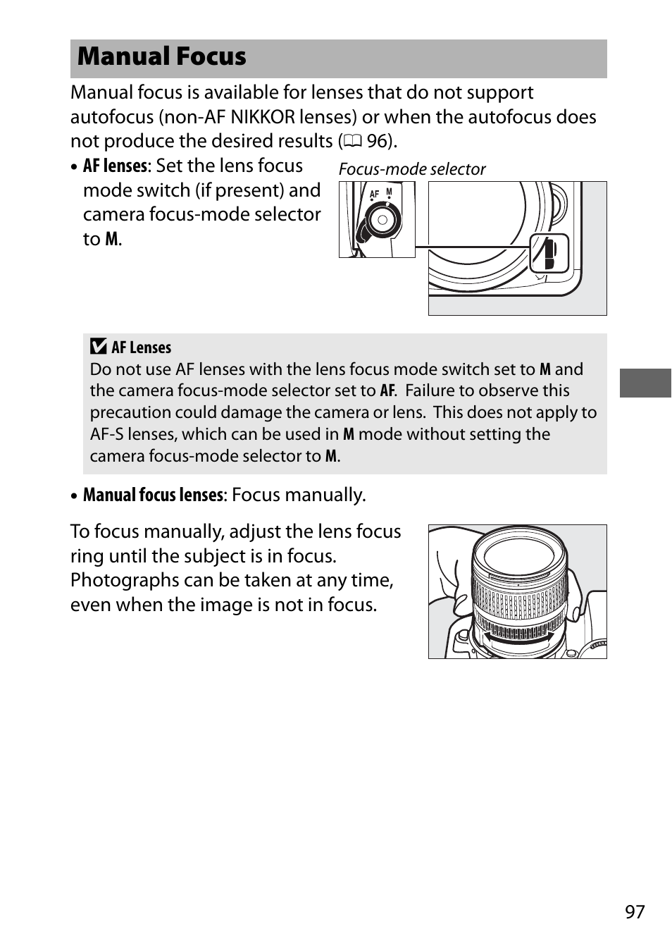 Manual focus | Nikon D7200 body User Manual | Page 121 / 420
