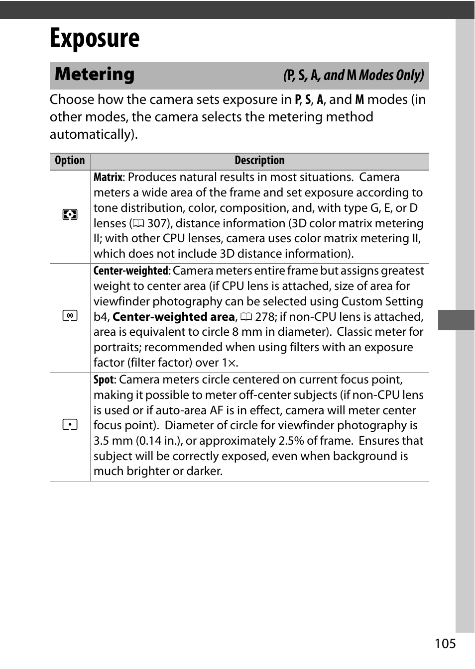 Exposure, Metering | Nikon D7200 body User Manual | Page 129 / 420