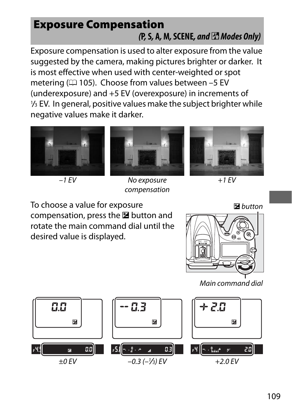 Exposure compensation, P , s , a , m , scene , and % modes only) | Nikon D7200 body User Manual | Page 133 / 420