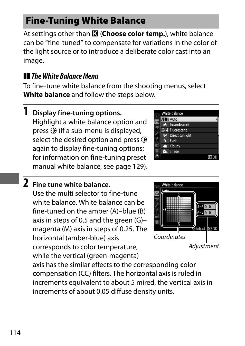 Fine-tuning white balance, 0 114) or m | Nikon D7200 body User Manual | Page 138 / 420