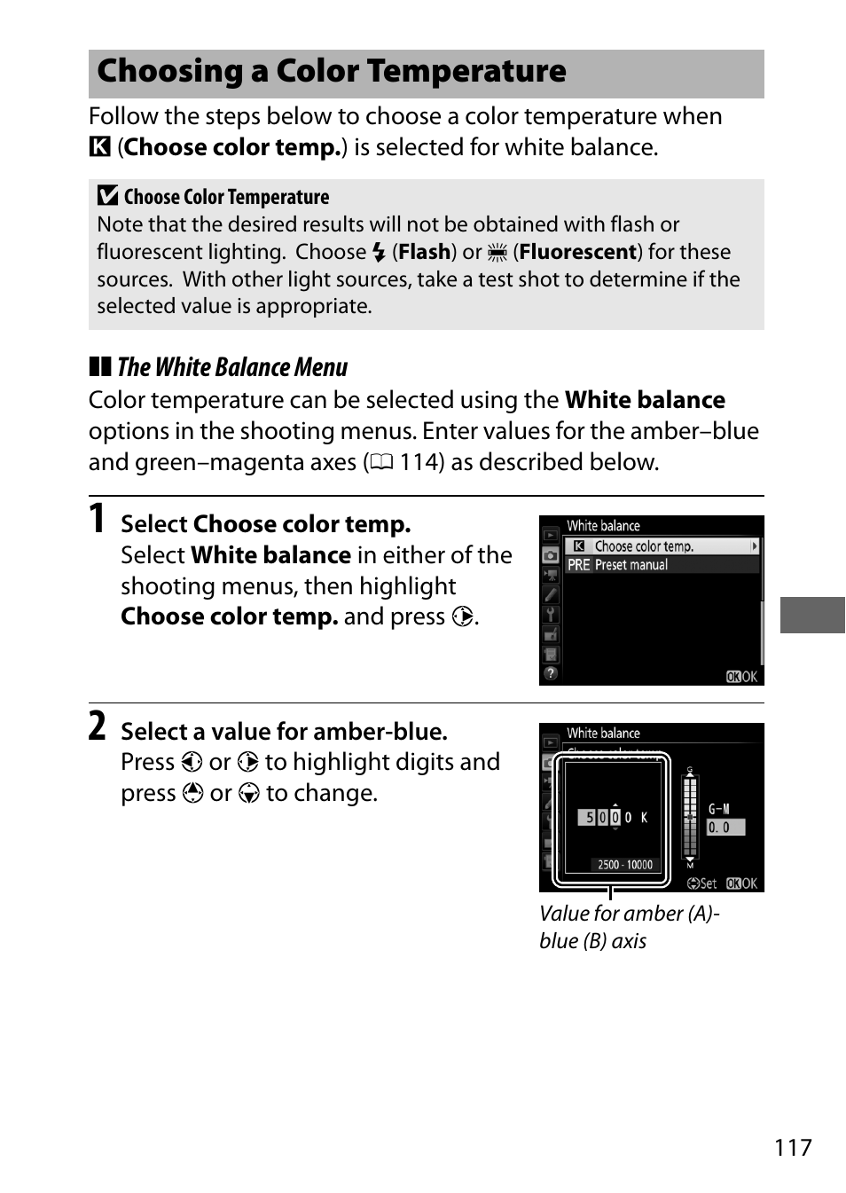 Choosing a color temperature | Nikon D7200 body User Manual | Page 141 / 420