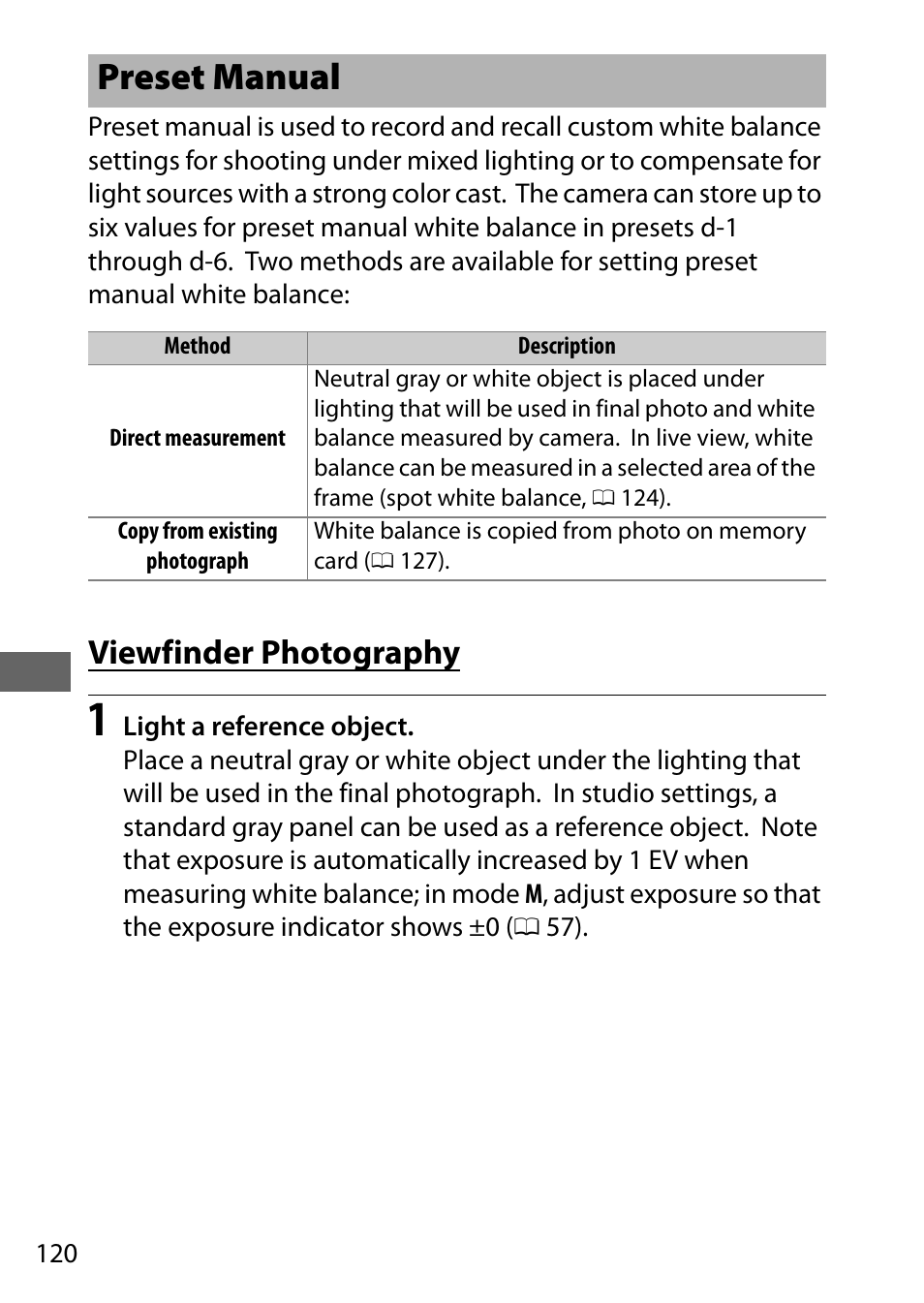 Preset manual, Viewfinder photography | Nikon D7200 body User Manual | Page 144 / 420