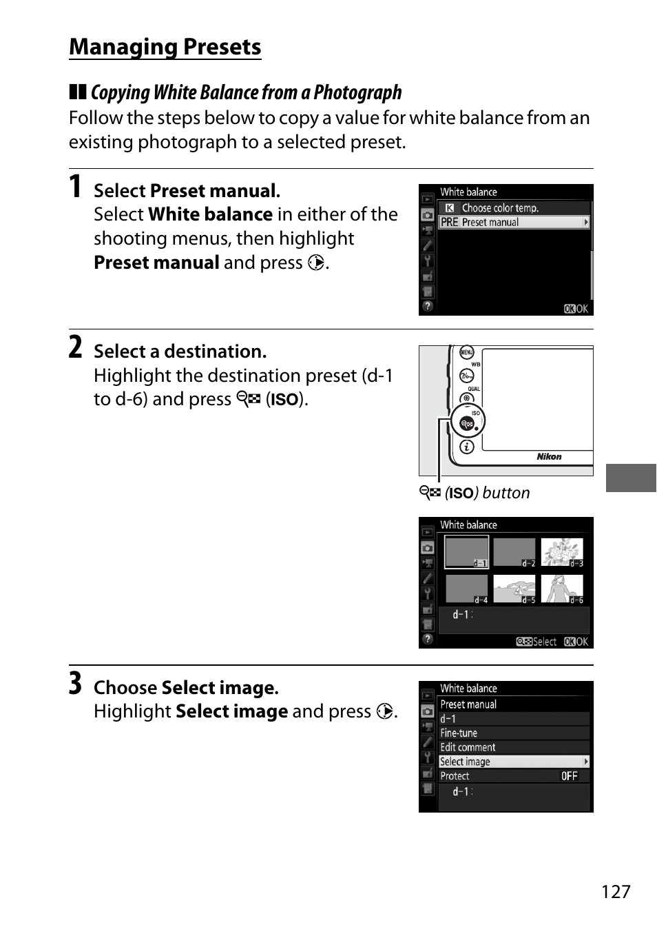 Managing presets | Nikon D7200 body User Manual | Page 151 / 420