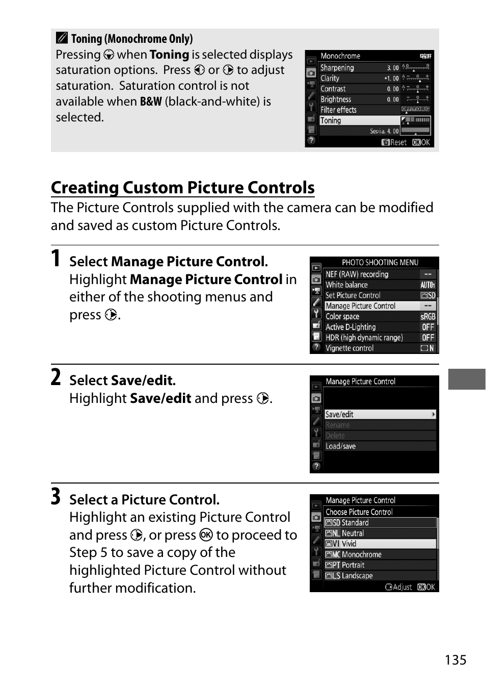 Creating custom picture controls | Nikon D7200 body User Manual | Page 159 / 420