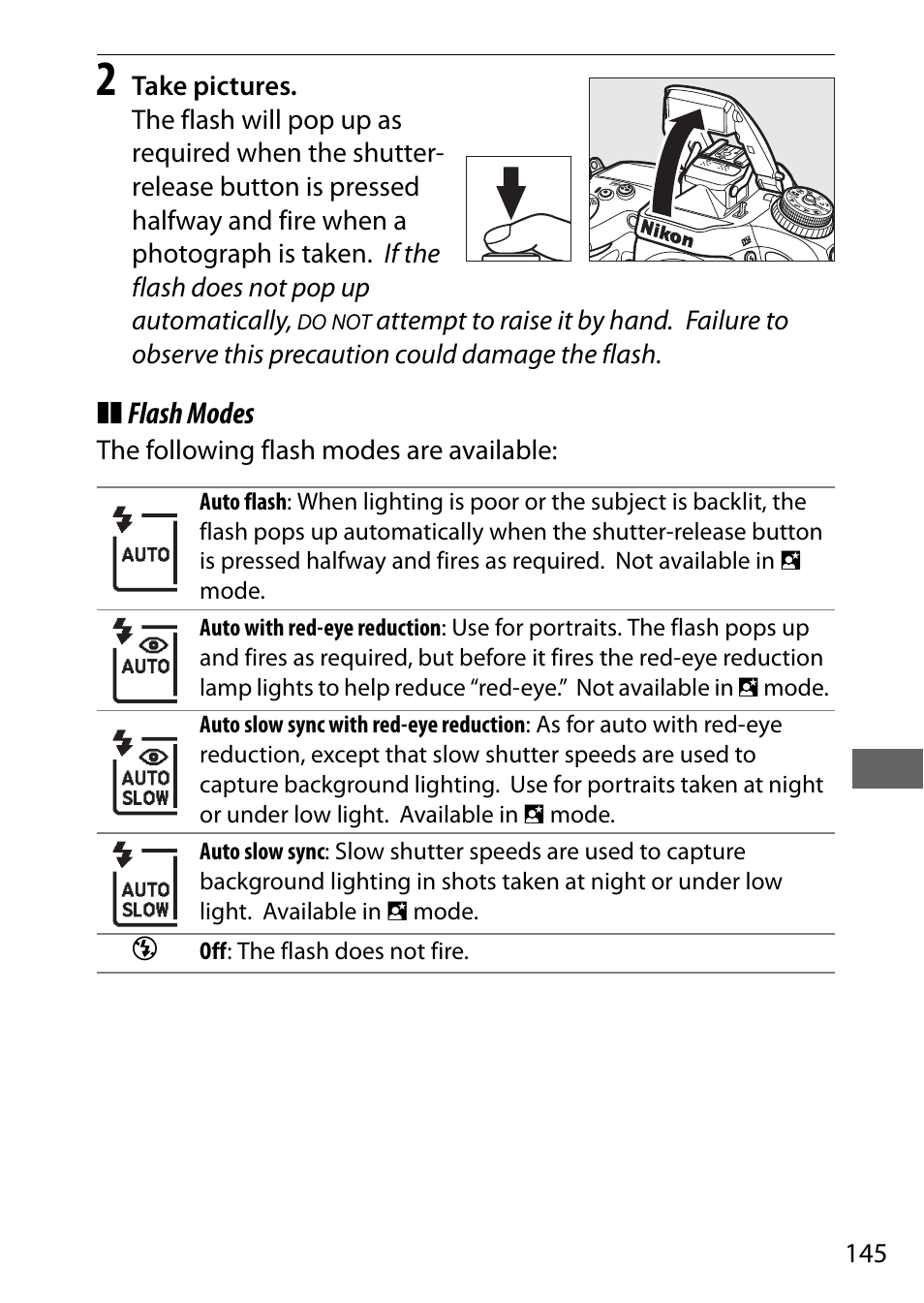Flash modes | Nikon D7200 body User Manual | Page 169 / 420