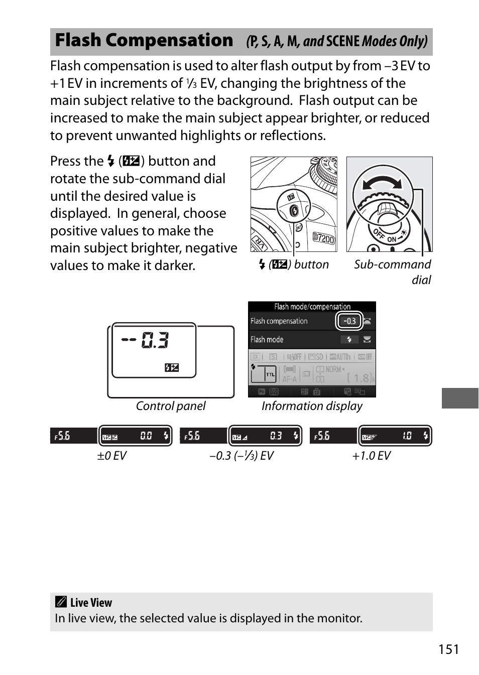 Flash compensation, P , s , a , m , and scene modes only) | Nikon D7200 body User Manual | Page 175 / 420