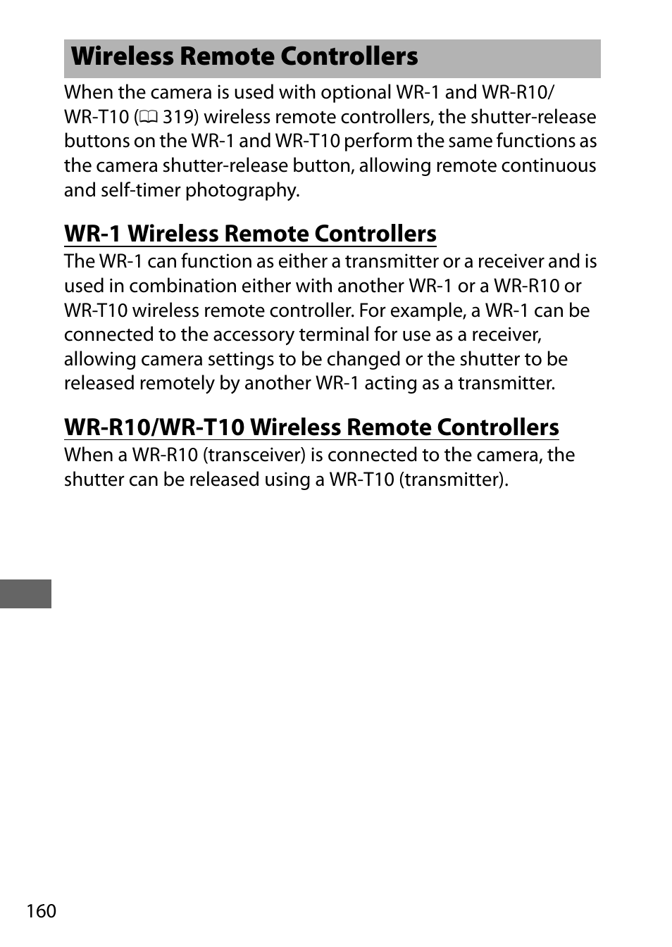 Wireless remote controllers, Wr-1 wireless remote controllers, Wr-r10/wr-t10 wireless remote controllers | Nikon D7200 body User Manual | Page 184 / 420