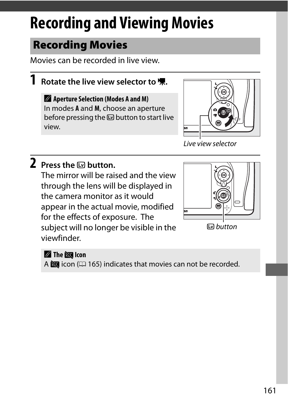 Recording and viewing movies, Recording movies | Nikon D7200 body User Manual | Page 185 / 420