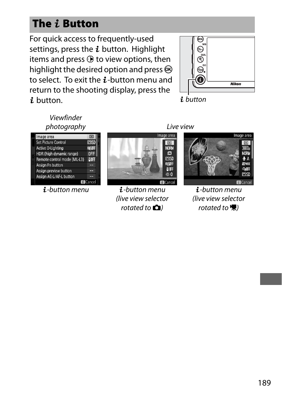 The i button | Nikon D7200 body User Manual | Page 213 / 420