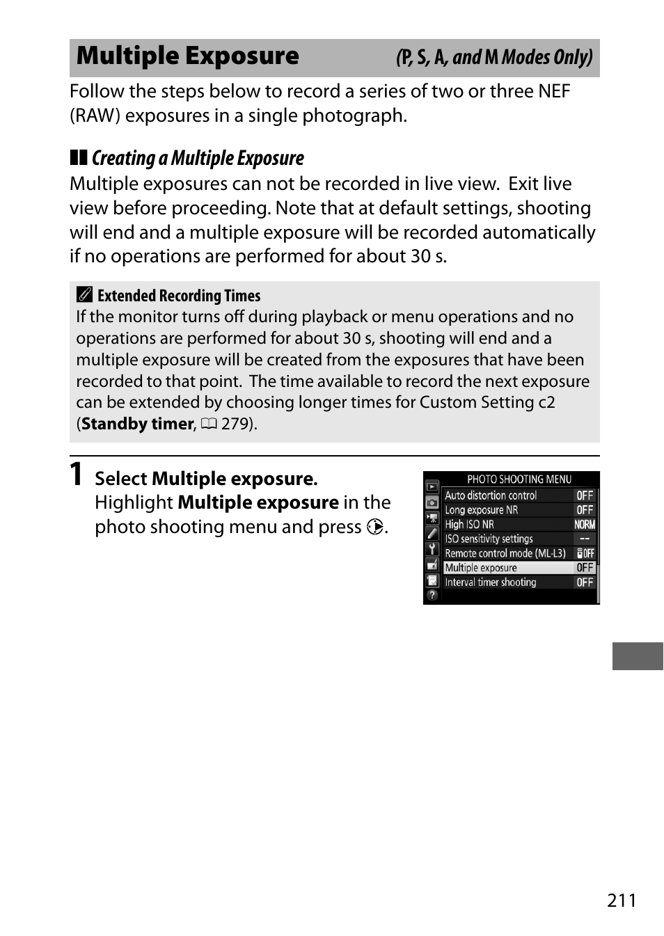 Multiple exposure, 0 211), o | Nikon D7200 body User Manual | Page 235 / 420