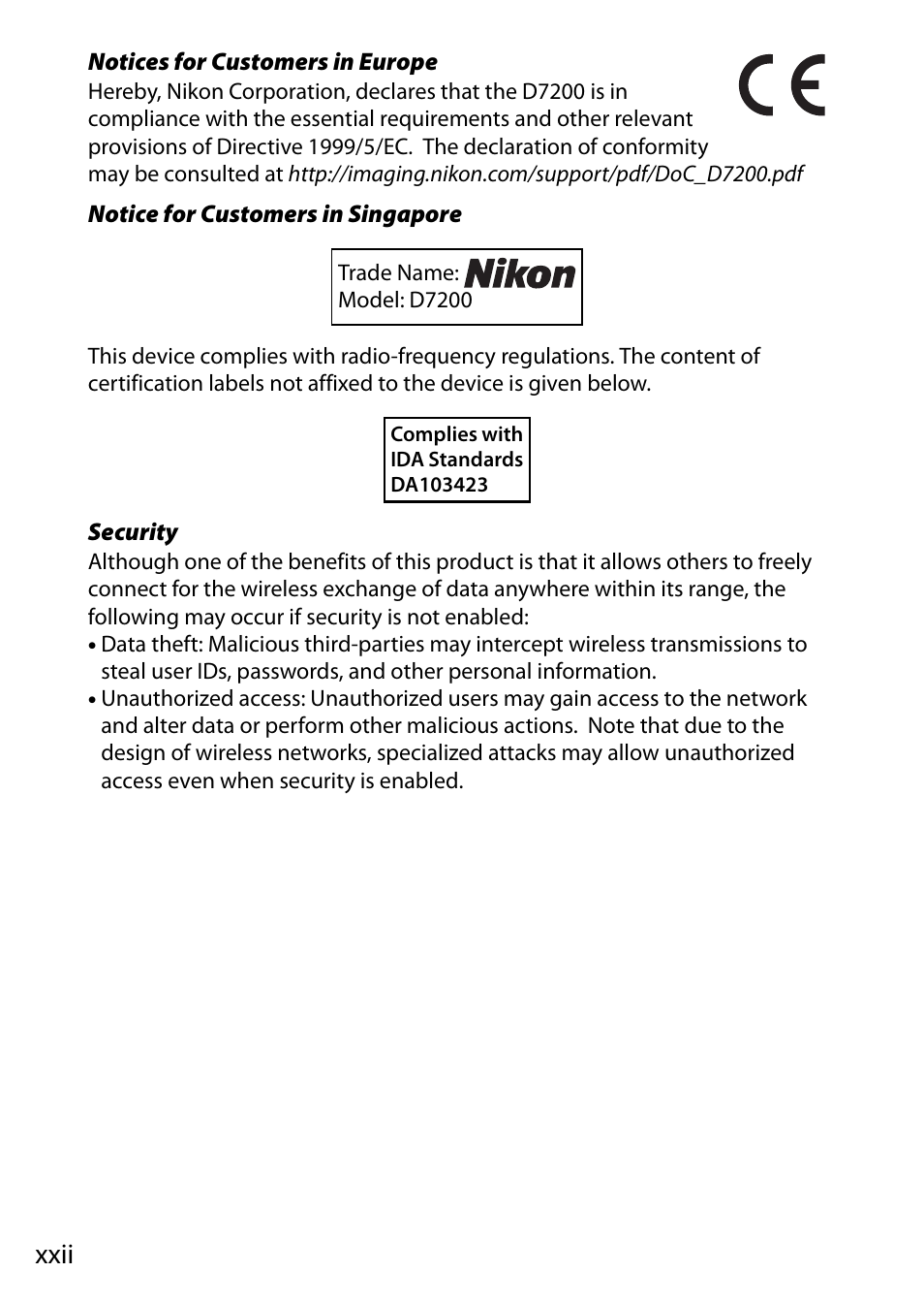 Xxii | Nikon D7200 body User Manual | Page 24 / 420