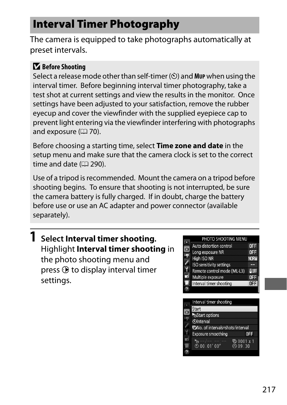 Interval timer photography | Nikon D7200 body User Manual | Page 241 / 420