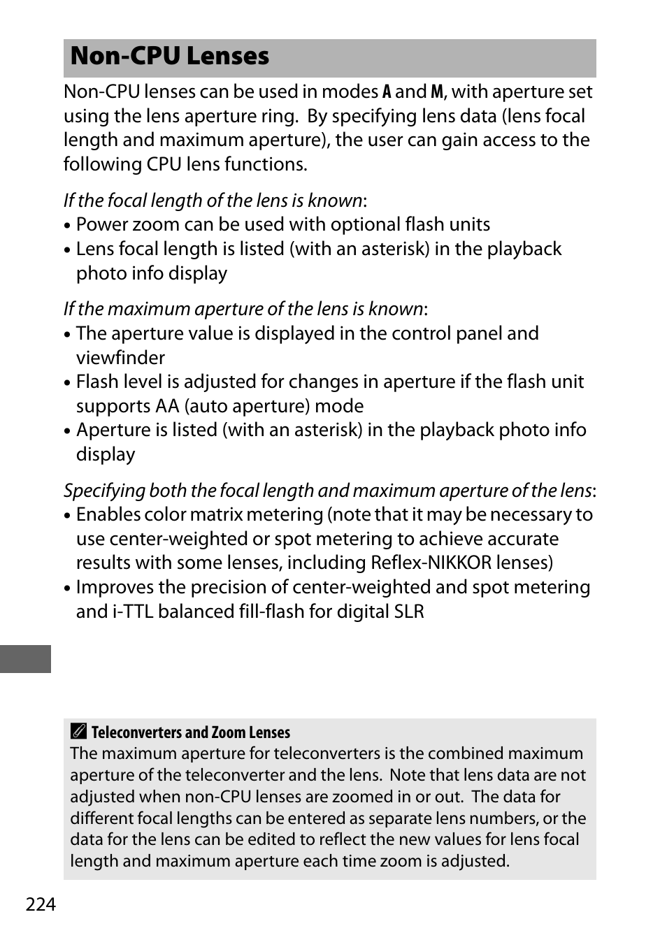 Non-cpu lenses | Nikon D7200 body User Manual | Page 248 / 420