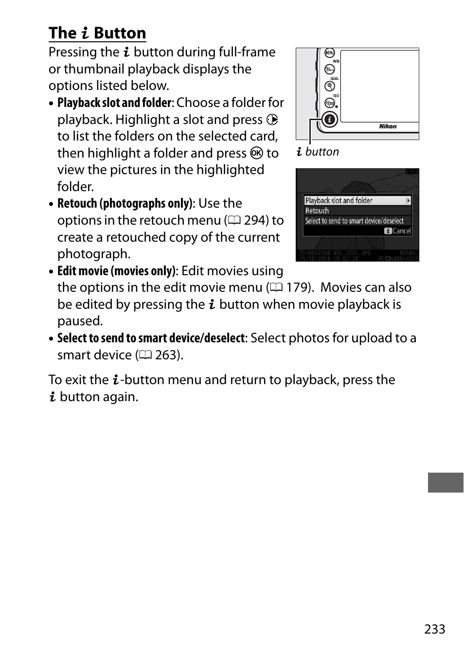 The i button | Nikon D7200 body User Manual | Page 257 / 420
