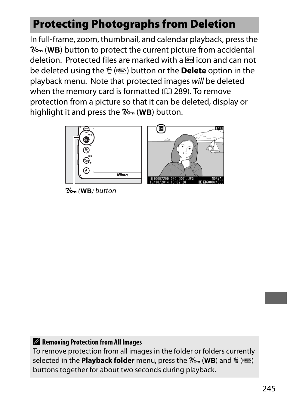 Protecting photographs from deletion | Nikon D7200 body User Manual | Page 269 / 420